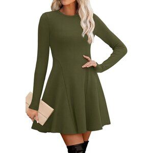 Women Olive Green Crew Neck Ribbed Knit Flare A-Line Long Sleeve Sweater Dress